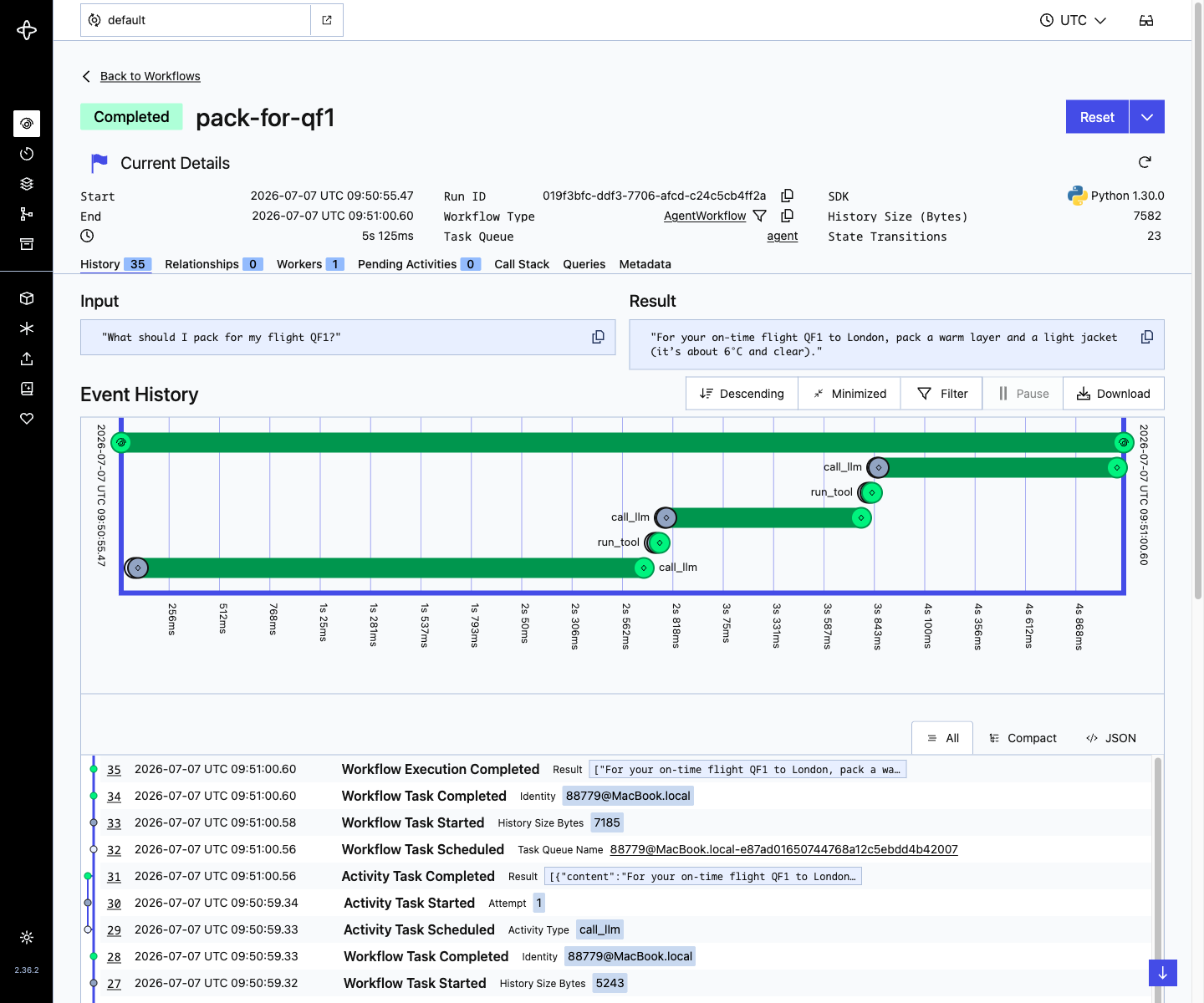 The agent loop in the Temporal Web UI