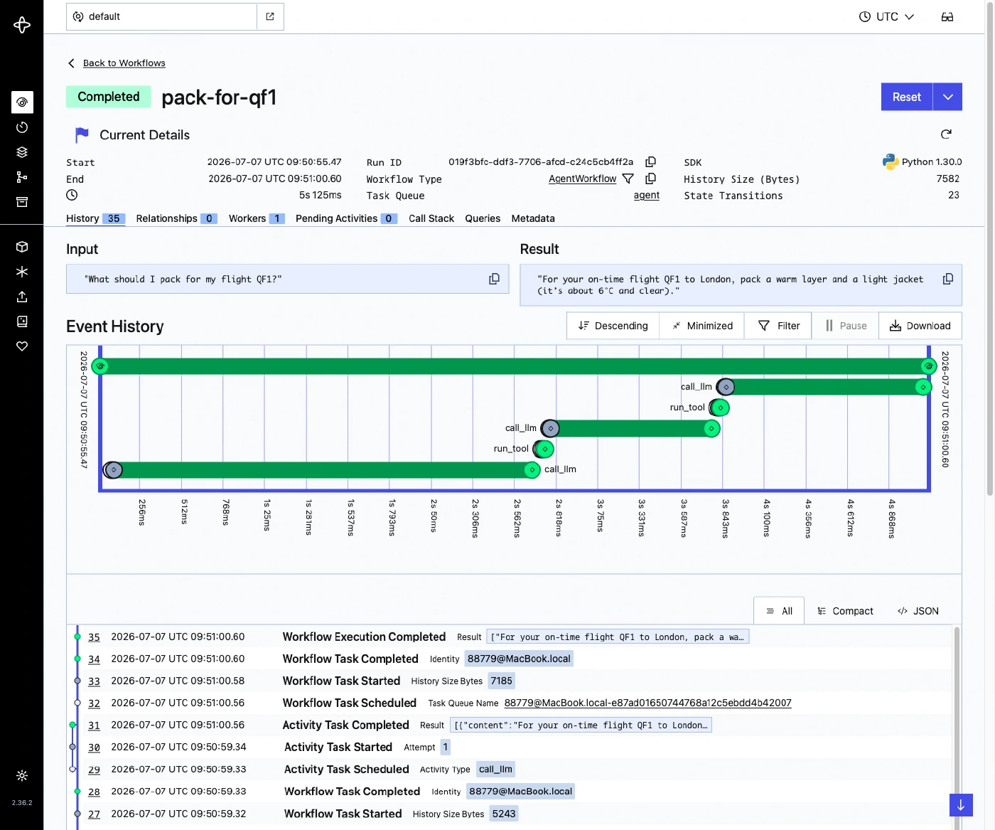 The agent loop in the Temporal Web UI