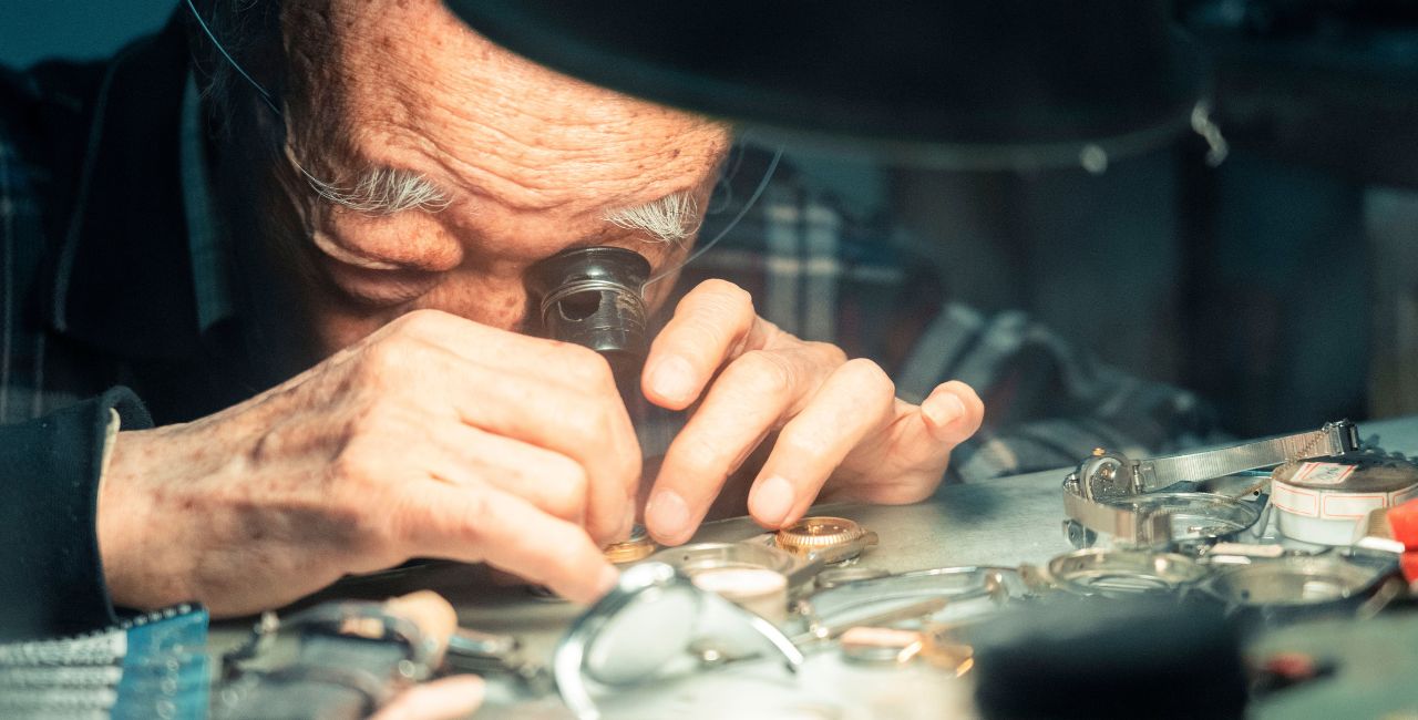 An old watchmaker busy at his workbench.