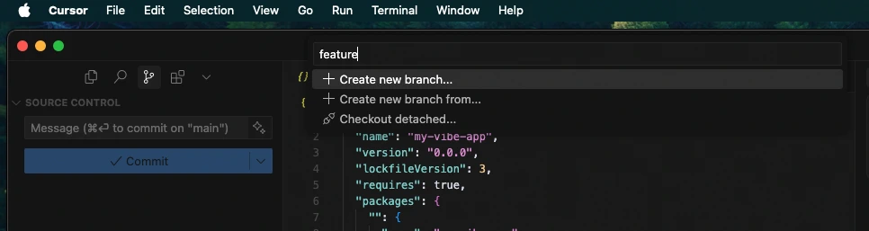 Create a new &ldquo;feature&rdquo; branch from the popup