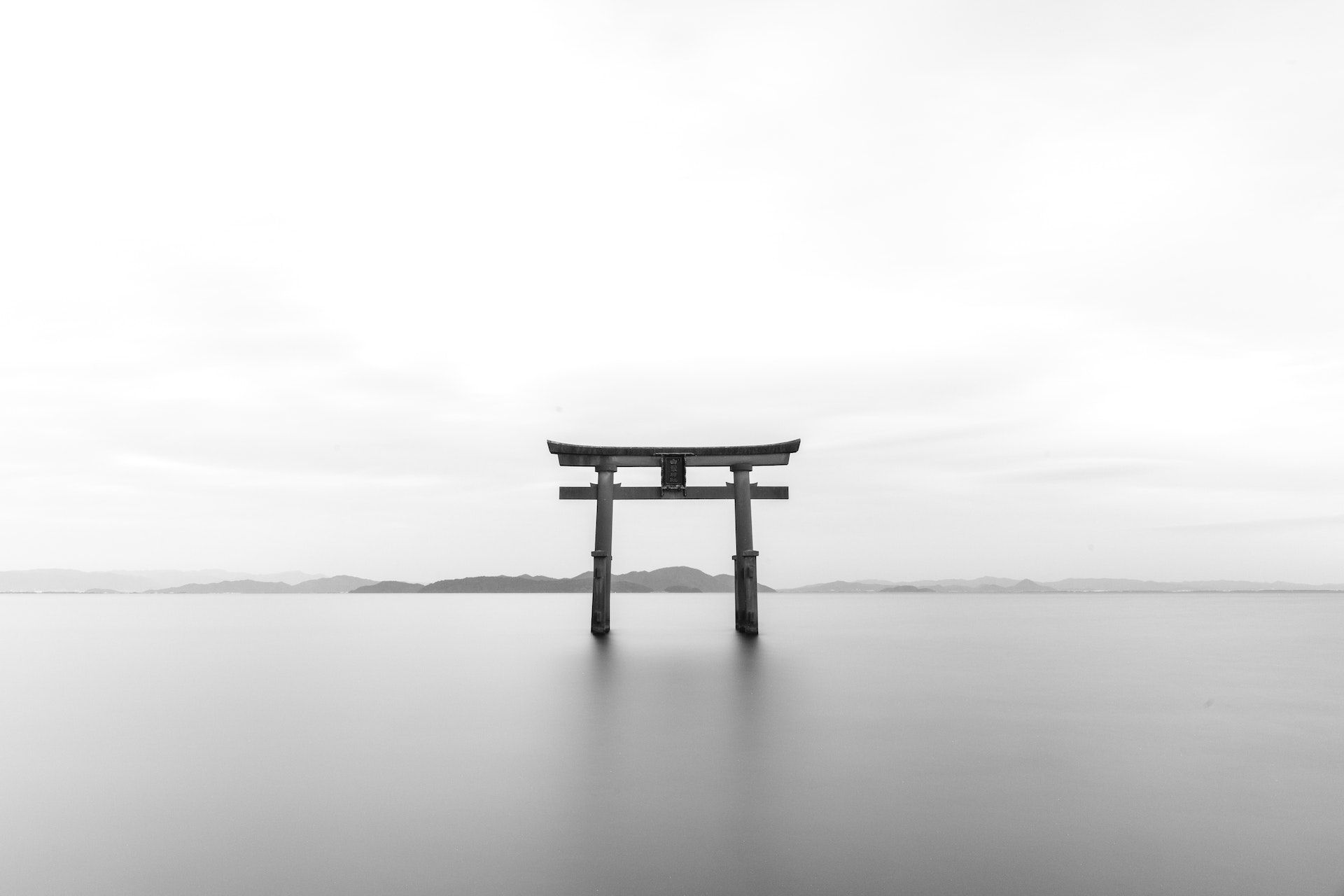 Photo of a Japanese-style gate in the middle of a pond.
