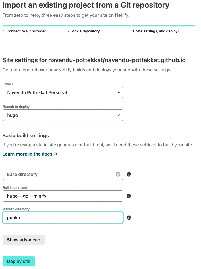 Build settings for my Hugo website