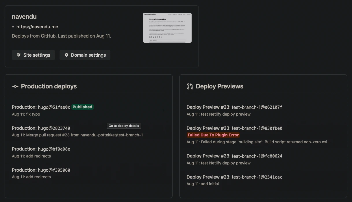 Netlify dashboard for navendu.me