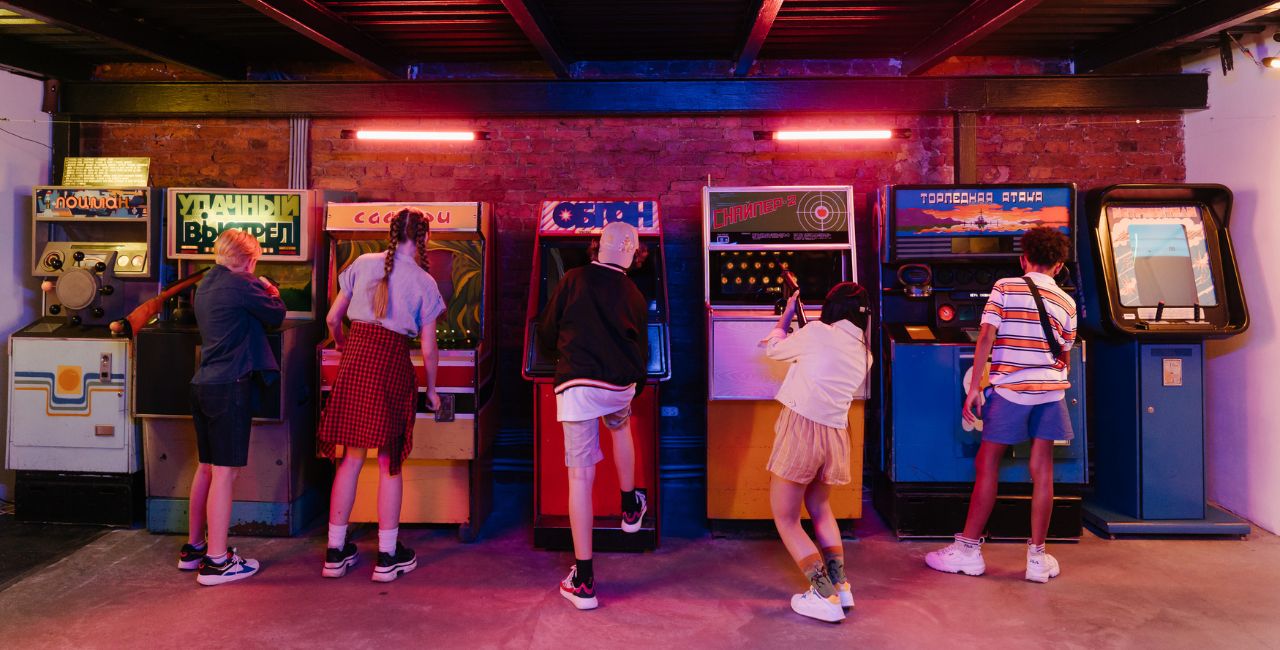 Children playing arcade games.