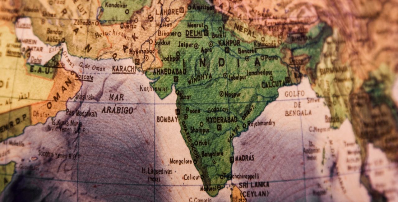 A photo of a globe focused on India.