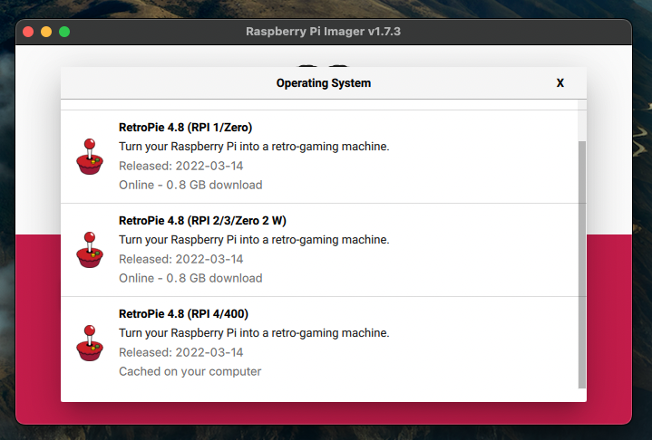 Selecting the RetroPie OS