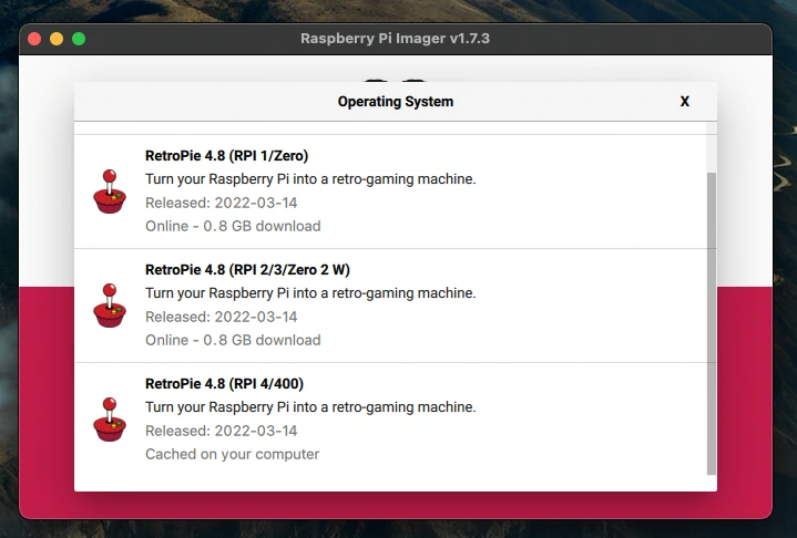 Selecting the RetroPie OS