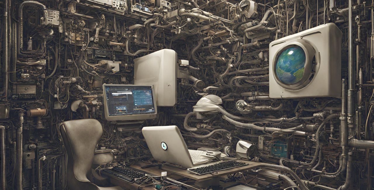 A surreal depicting of a software engineer's workstation.